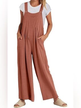 ANRABESS Linen Wide Leg Jumpsuit Overalls color Rust Terracotta Boho Sz Medium